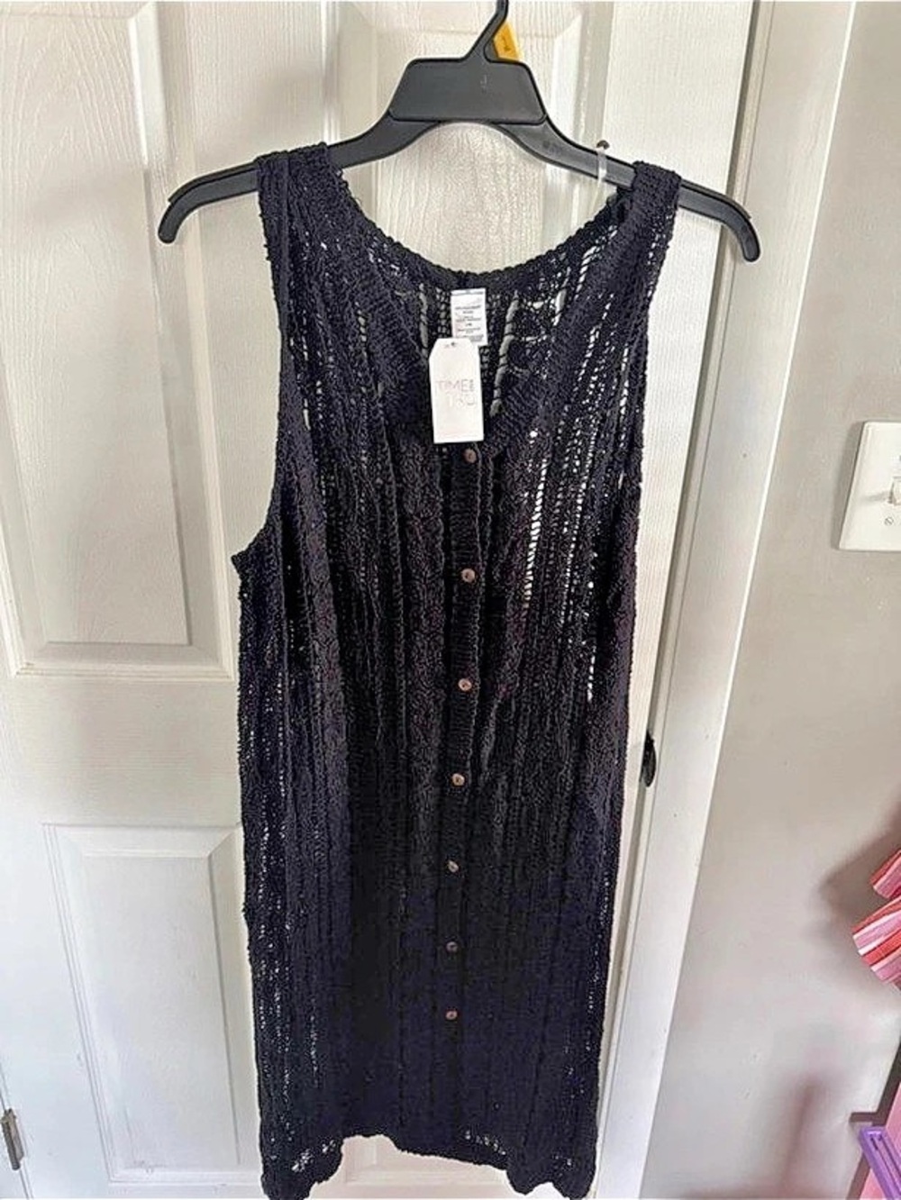 Time and Tru Women's Crochet Button Down Coverup Black Tank